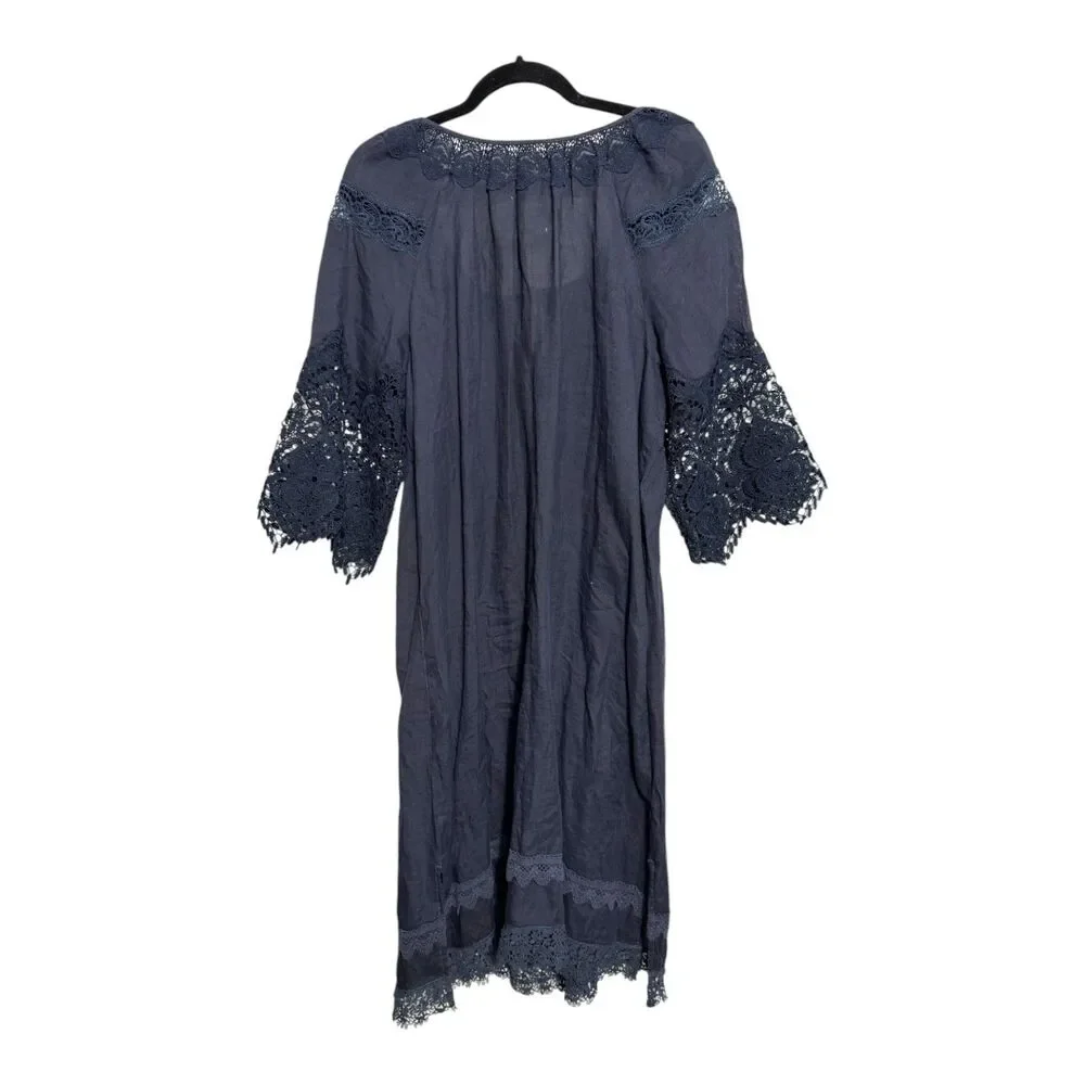 Love Johnny Was 100% Linen Navy Blue Floral Lace Eyelet Cover Up Size Large - Picture 2 of 3